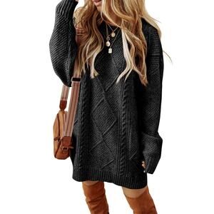 Black Cable Knit Drop Shoulder Loose Fit Sweater Dress